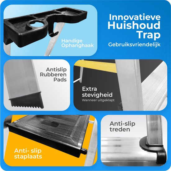 Collage met details van een huishoudtrap, zoals de handige ophanghaak, antislip rubberen pads en treden.