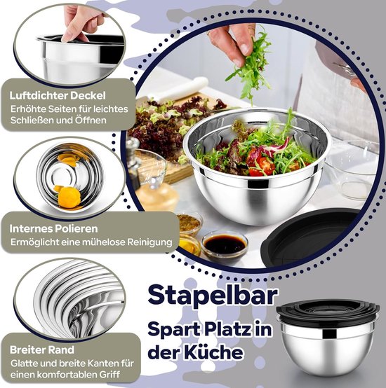 HaWare Mengkom, roestvrijstalen kom, 7-delige set, stapelbare slakom met luchtdicht deksel voor het bakken, koken, bereiden, vaatwasmachinebestendig, 6,5/4,5/3/2,5/1,5/1,2/0,7 l, zwart