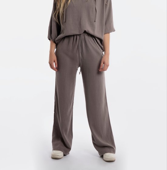Pantalon Knit Factory Fern - Pantalon femme - Pantalon femme - Pantalon avec poches latérales - Pantalon long - Doux et aéré 78% viscose et 22% lin - Pantalon d'été - Pantalon d'été - Pantalon large - Taupe - 40/42