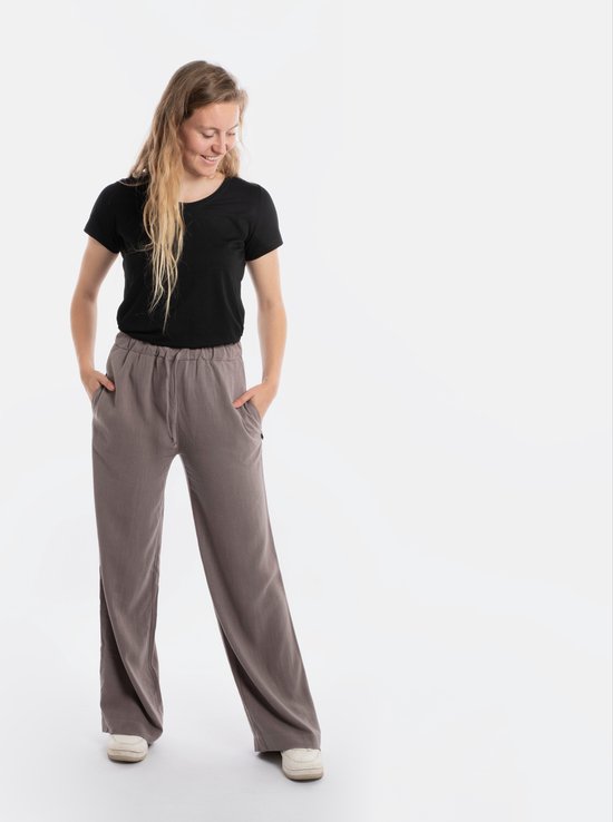 Pantalon Knit Factory Fern - Pantalon femme - Pantalon femme - Pantalon avec poches latérales - Pantalon long - Doux et aéré 78% viscose et 22% lin - Pantalon d'été - Pantalon d'été - Pantalon large - Taupe - 40/42