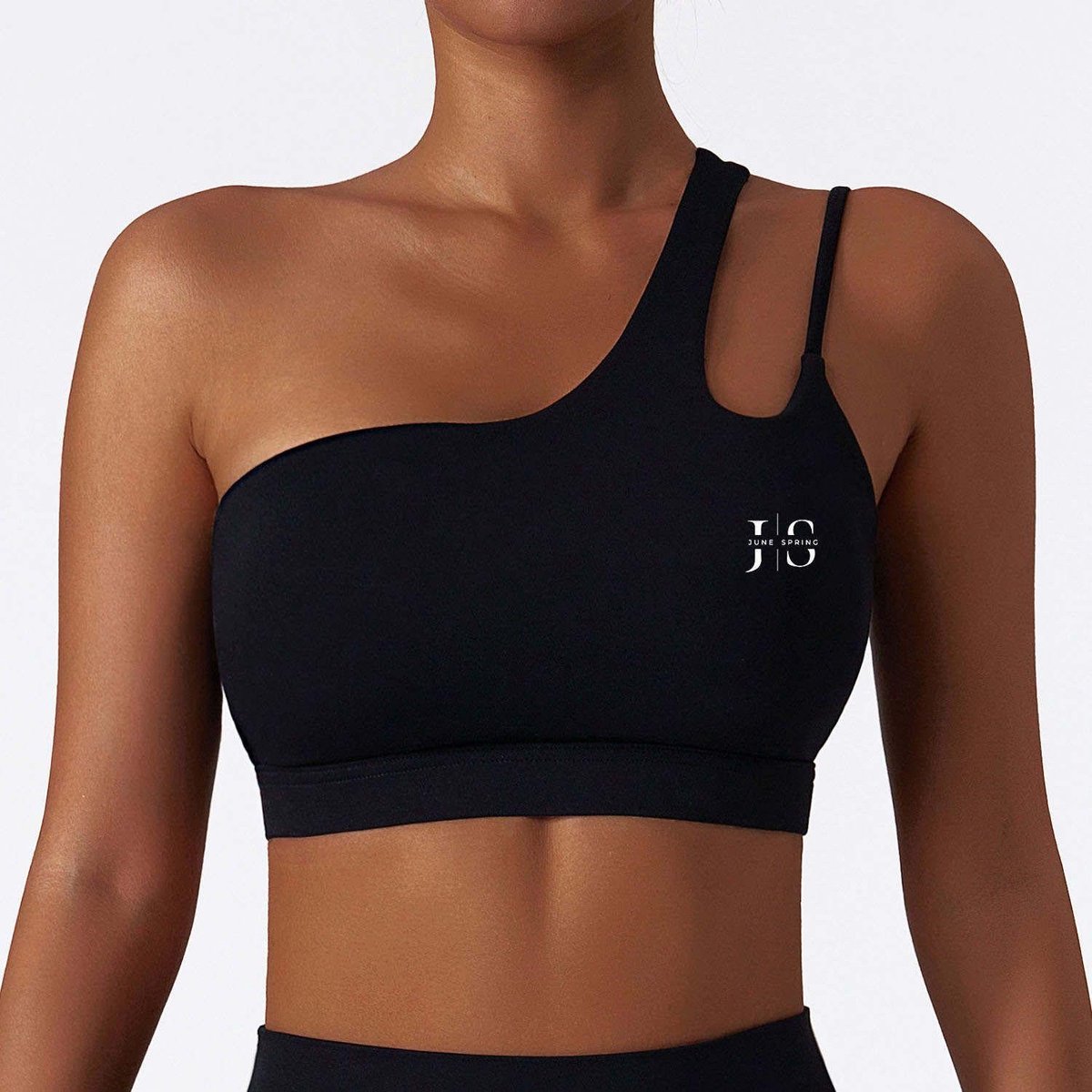 Maat: XL - Kleur: Zwart / Black - June Spring Sport BH - Sportbeha - Sporttopje met Ondersteuning - Hoge Kwaliteit - Fitness Top - Sport BH - Sport Bra - Yoga Top - Training Top - Blote Schouder / Strapless Sportbh - Legging & Vest ook verkrijgbaar