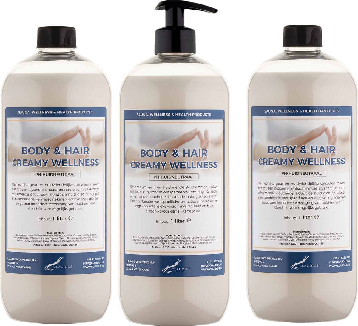 Goedkoopste Body & Hair Creamy Wellness 1 liter - set van 3 stuks - met gratis pomp - 2 in 1 voor lichaam en haar.