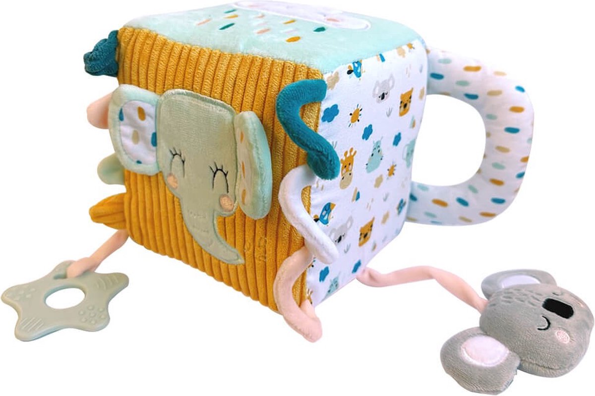Eurekakids Activiteitenkubus Stof - Met Knispergeluid - Kubus voor Baby inclusief Spiegel, Ringen en Bevestigings- en Bijtring - 13 x 13 x 13 cm