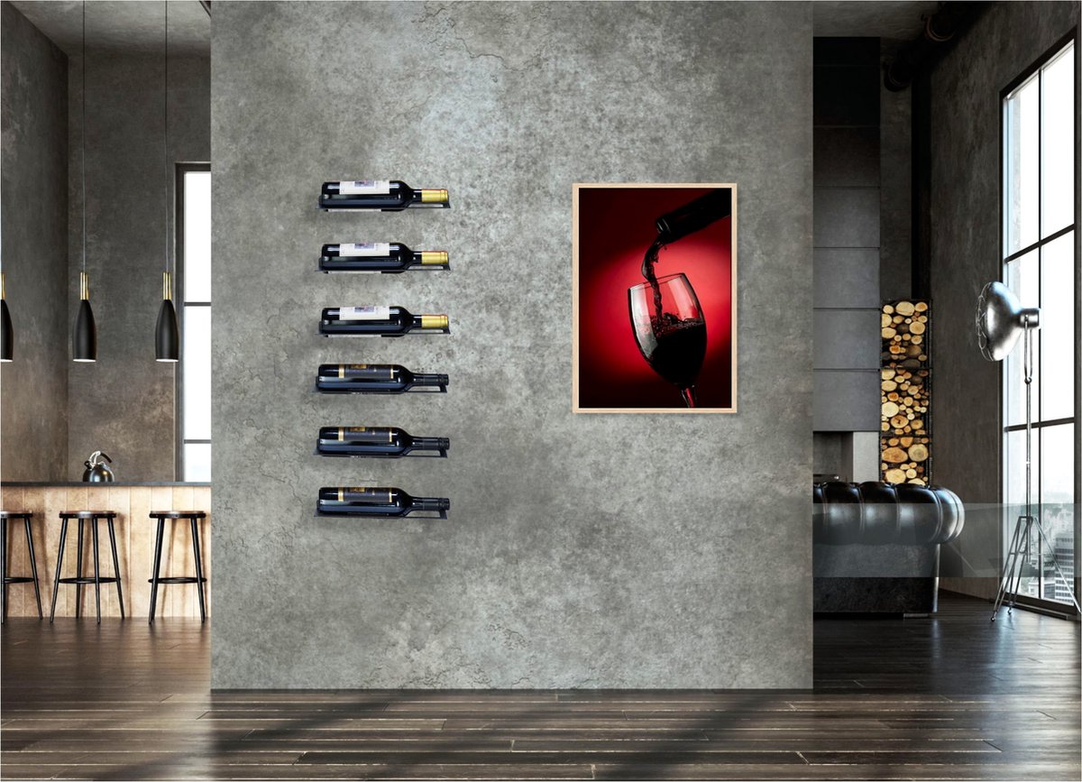 Lendo Online Wijnrek Wandmontage 6 flessen - Wijnkast - Wijnfleshouder Hangend Aan Muur- Wijnopslag met kurkentrekker Zwart Poedercoating Metaal Staal Flessenrek Industriële stijl — cadeau in Wonen & Interieur - foto 5