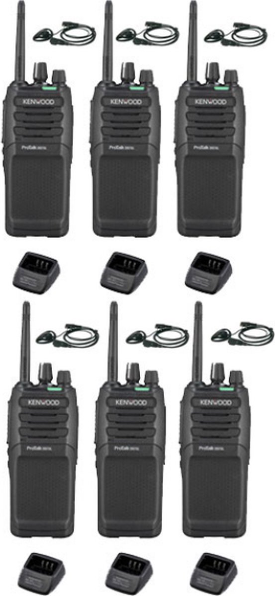 Set van 6 Kenwood TK-3701D IP55 Portofoon met D-shape oortje en tafellader