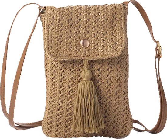 Foto: Tassle telefoon tasje bruin 18 x 12 cm stro rotan polyester fashion favorite