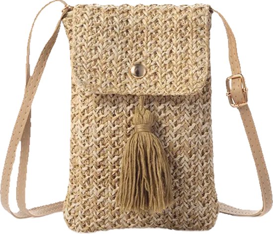 Foto: Tassle telefoon tasje beige 18 x 12 cm stro rotan polyester fashion favorite