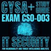 CYSA+ studiehandleiding: Examen CS0-003 IT Security voor analisten van kwetsbaarheden en dreigingsinformatie, met een blauw gloeiend vingerafdruk-icoon en binaire code.