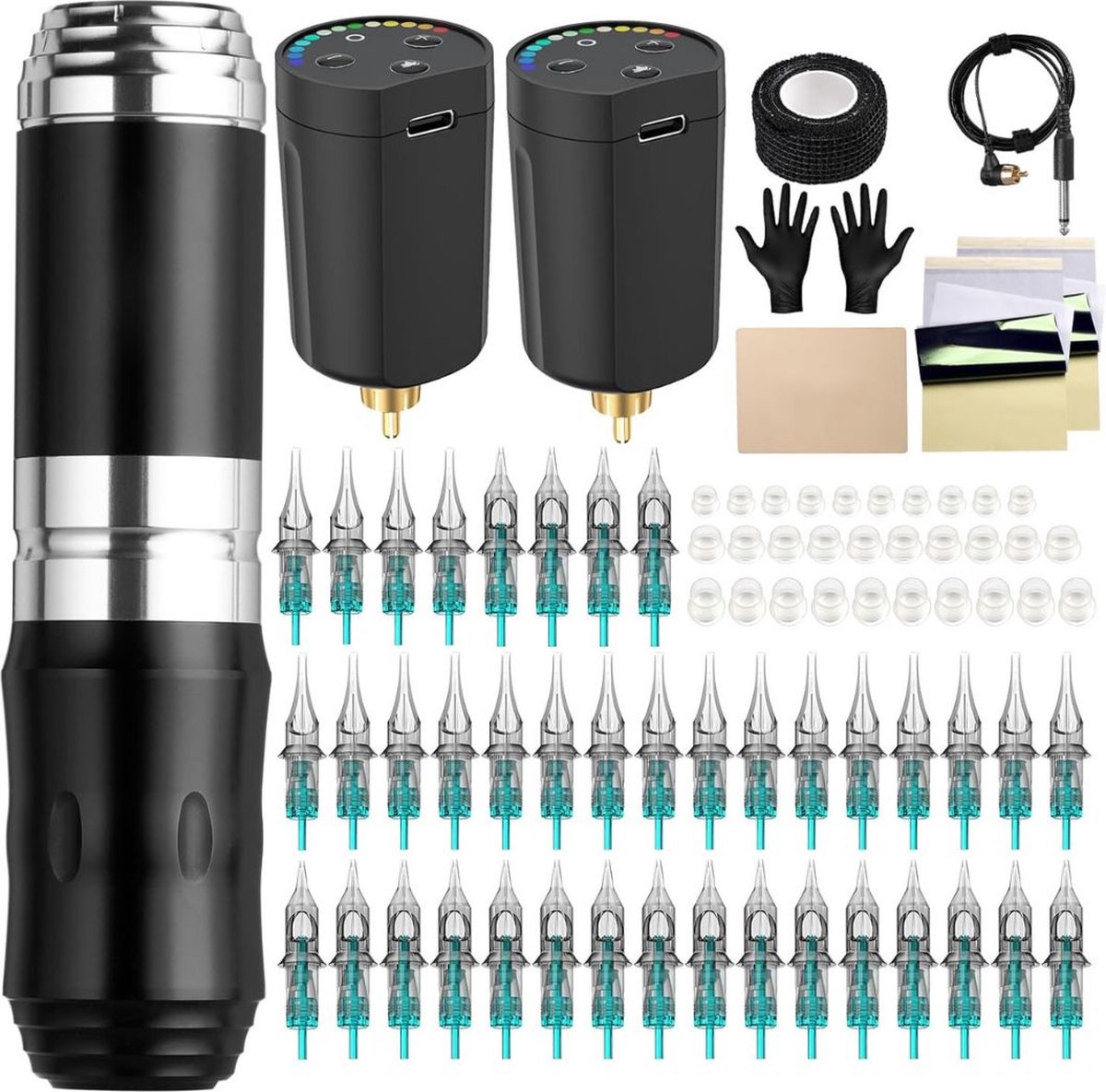Hoge Kwaliteit Tattoo Machine met Accessoires - Tattoo Machines Draadloos - Tattoo Set Inclusief Inkt en Naalden - Tattoo Kit met Opbergkoffer - Voor Professionals en Beginners - Zwart met Zilver