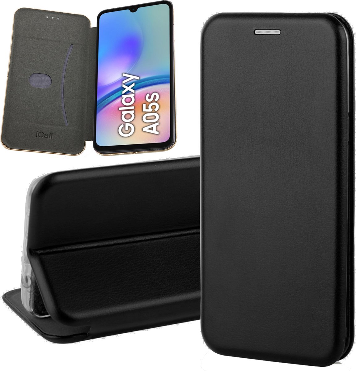 Hoesje geschikt voor Samsung Galaxy A05s - Screenprotector Glas - Wallet Book Case Zwart