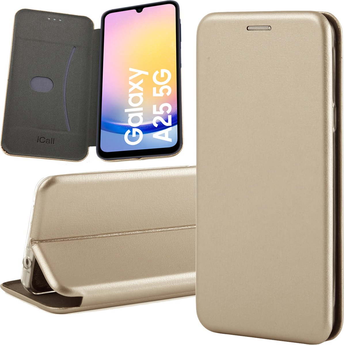 Hoesje geschikt voor Samsung Galaxy A25 / A24 - Screenprotector Glas - Wallet Book Case Goud