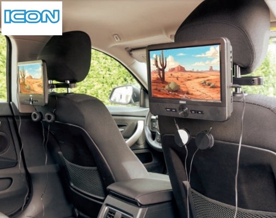 ICON - Draagbare dvd-speler auto - 9 inch - 2 schermen - USB - incl. Montagebeugels - Mini hoofdtelefoons - Reistas — afbeelding 2