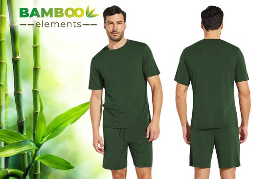 Man ziet de voor- en achterkant van een donkergroen pyjamapak met korte mouwen en korte broek.