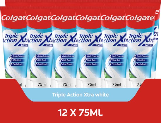 Doos met 12 Colgate Triple Action Xtra white tandpastabuizen van 75ml