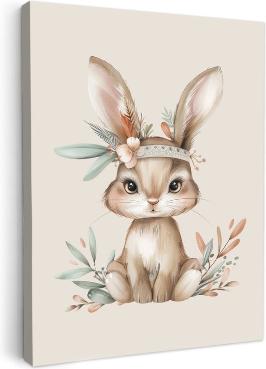 Een aquarel schilderij van een schattig konijn met bloemen en veren in zijn haar, zittend te midden van bladeren.