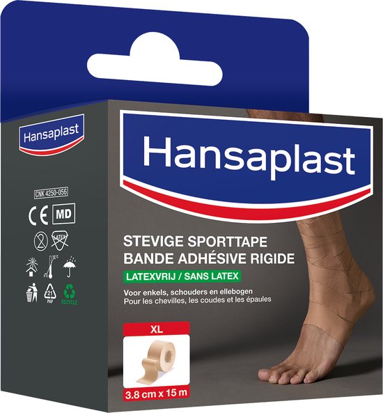 Verpakking met Hansaplast stevige sporttape in XL-formaat, huidskleur, 3.8 cm x 15 m.