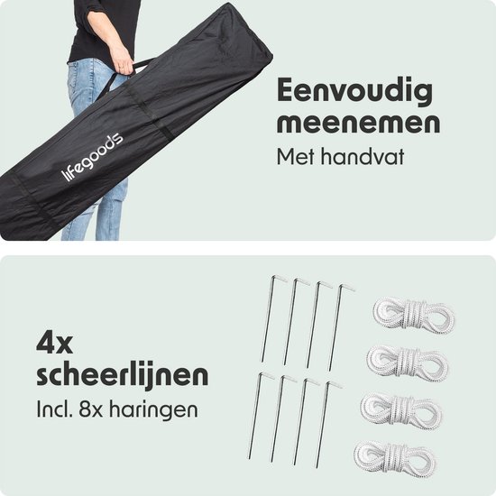 Man met zwarte draagtas met 'lifegoods' logo. Daaronder 4 touwen en 8 haringen. De draagtas is makkelijk mee te nemen.