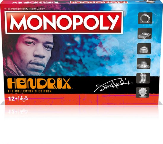 Monopoly Collector's Edition Jimi Hendrix bordspel doos met Jimi Hendrix portret, spelerspionnen en Monopoly logo.