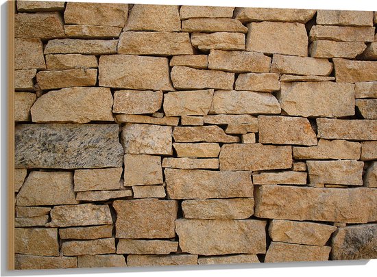 Hout - Muur van Opgestapelde Beige Stenen - 100x75 cm - 9 mm dik - Foto op Hout (Met Ophangsysteem)