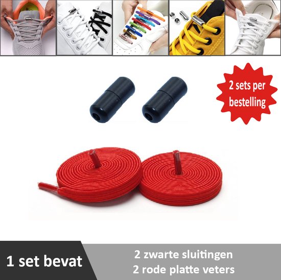 2 paar rode platte elastische veters met zwarte sluitingen. Je hoeft voortaan nooit meer je veters te strikken.