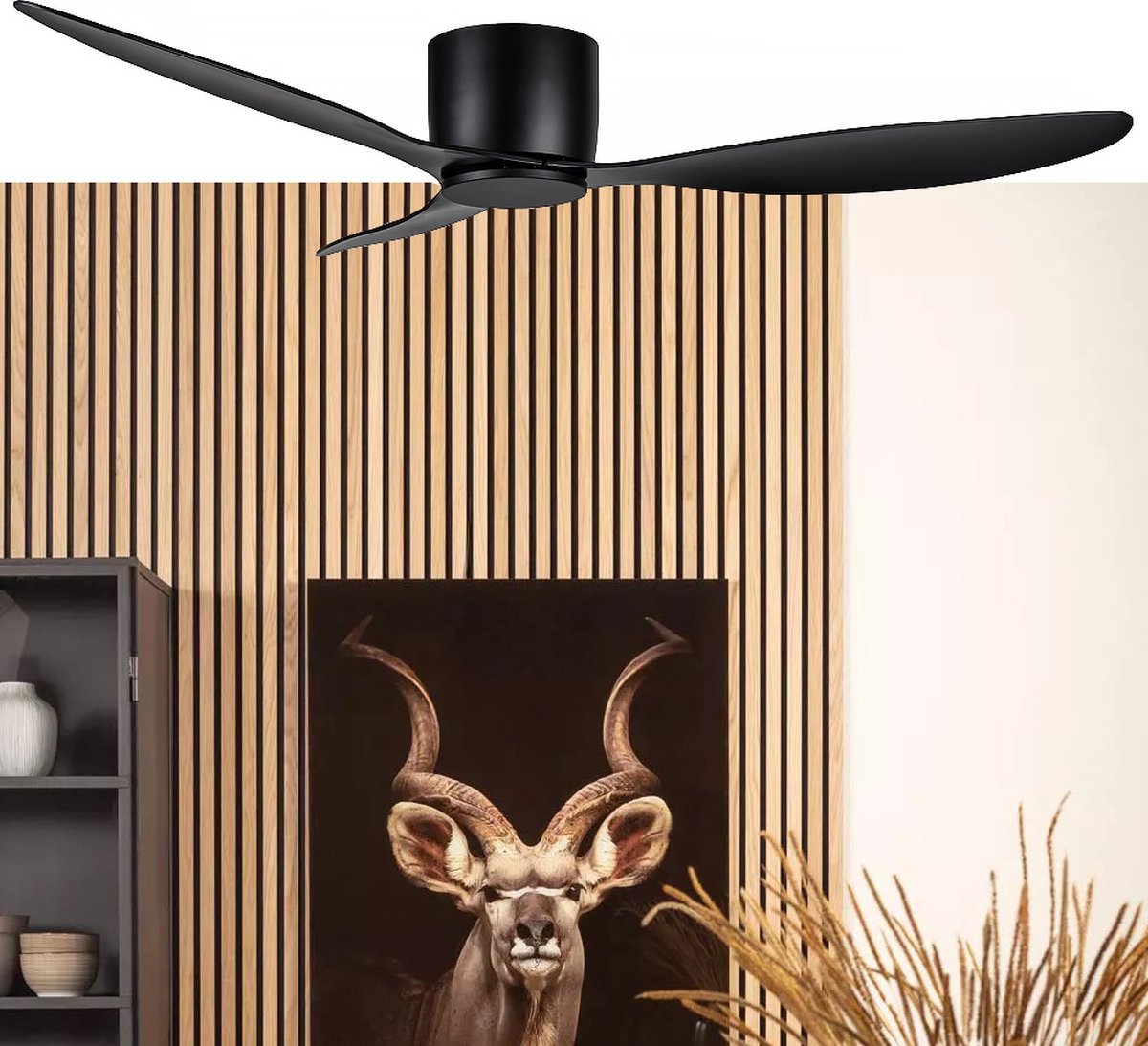 Plafondventilator Brezza 3 blad Ø 132 cm | Zeer stille ventilator | Top kwaliteit | Energie zuinig | + remote | Voor laag plafond | 6 snelheden | Beste alternatief voor airco | Zomer en winter stand | Zwarte ventilator – foto 2