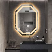 Clové Badkamerspiegel Diamant vormig, Asymmetrische, LED Verlichting, Anti-Condens, Tijd en Temperatuur Display