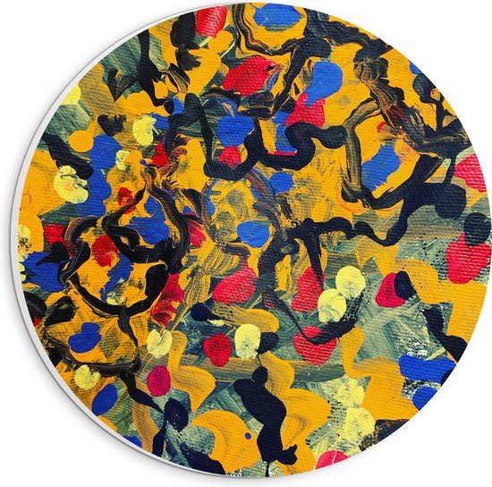 PVC Schuimplaat Muurcirkel - Bevlekt Patroon van Gele, Rode en Blauwe Vlekken - 20x20 cm Foto op Muurcirkel (met ophangsysteem)