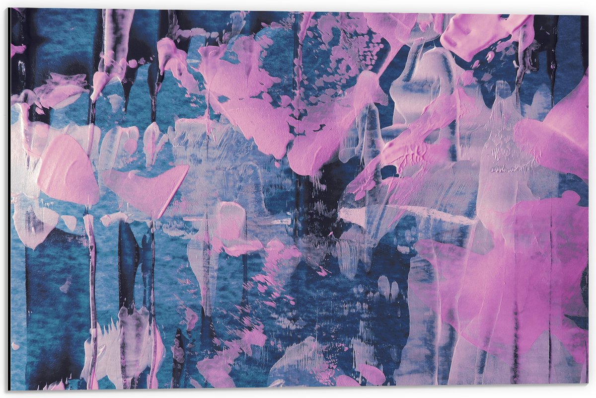Dibond - Blauwe en Paarse Mix van Verf op Schilderij - 60x40 cm Foto op Aluminium (Wanddecoratie van metaal)