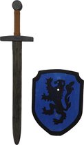 Houten Zwarte Ridder zwaard met ridderschild blauw leeuw kinderzwaard ridderzwaard