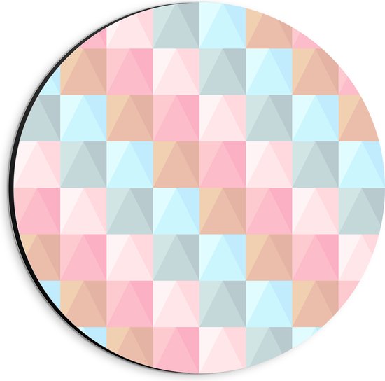Dibond Muurcirkel - Blokpatroon van Blauw, Bruin en Roze Vakken - 20x20 cm Foto op Aluminium Muurcirkel (met ophangsysteem)