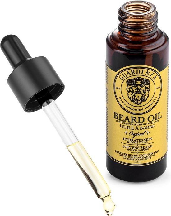 Bruine glazen fles baardolie met geel etiket met een illustratie van een man en de tekst "BEARD OIL". Druppelaar met olie staat ernaast.