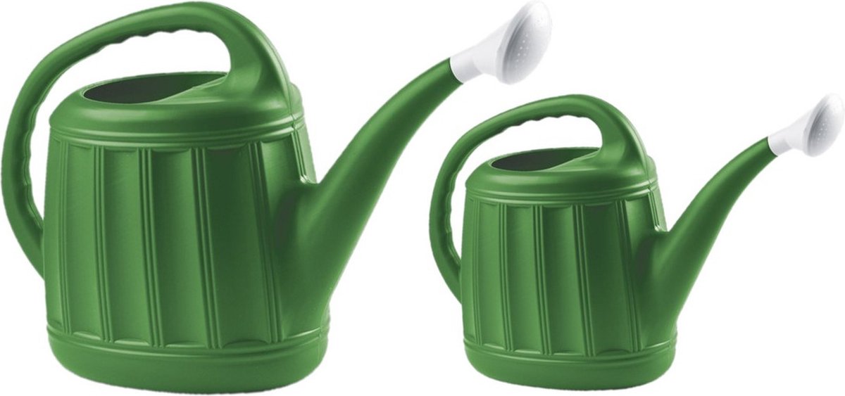 Hega Hogar tuin gieters - 2x stuks - 7 en 3.7 liter - donkergroen - kunststof - Met sproeikop/broeskop