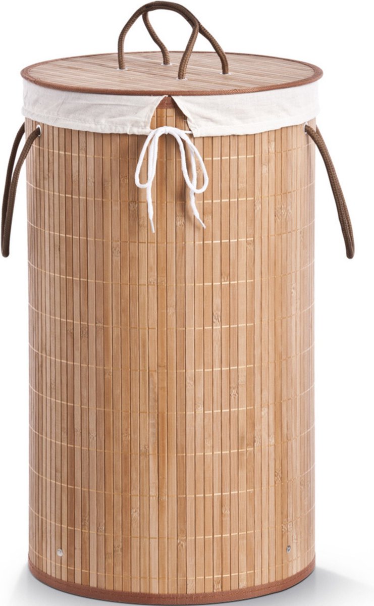 Goedkoopste 1x Luxe ronde bruine wasmanden van bamboe hout 35 x 60 cm - Huishouding/huishouden - Schoonmaakartikelen - Was sorteren/verzamen - Wasgoedmanden/wasmanden - Ronde wasmanden