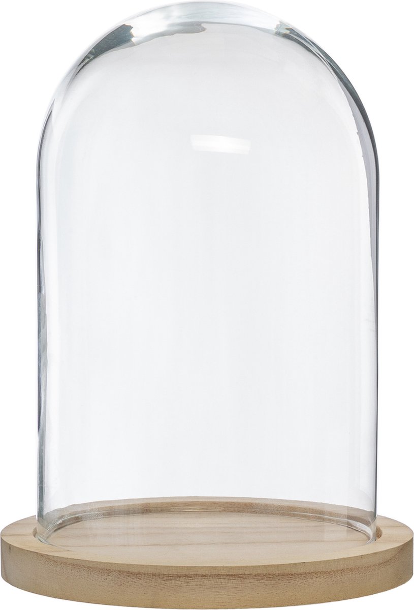 Atmosphera Home decoratie glazen stolp op houten plateau - glas/lichtbruin - D15 x H24 cm - Woonaccessoires