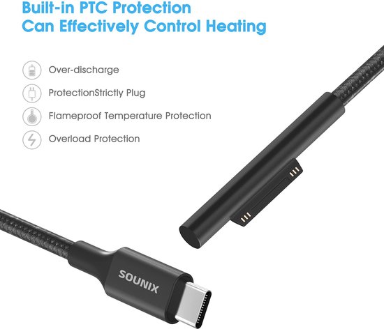 Sounix USB-C Voedingskabel - Geschikt voor Surface Pro 3/4/5/6 - 15V 3A - 1.5M - Zwart - Sounix