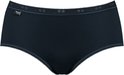 Zwarte Sloggi midi slip met zacht katoen en een decoratieve, licht gestreepte kanten rand aan tailleband en beenopeningen.