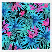 Muursticker - Patroon van Blauwe en Paarse Planten tegen Zwarte Achtergrond - 80x80 cm Foto op Muursticker