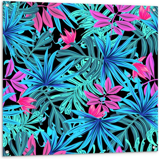 Tuinposter – Patroon van Blauwe en Paarse Planten tegen Zwarte Achtergrond - 100x100 cm Foto op Tuinposter (wanddecoratie voor buiten en binnen)