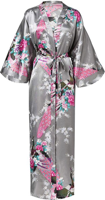KIMU® Kimono Grijs 3/4 - Maat S-M - Yukata Satijn Onder de Knie - Driekwarts Grijze Ochtendjas Japanse Kamerjas Sexy Satijnen Badjas Geisha Japan Pauw Festival