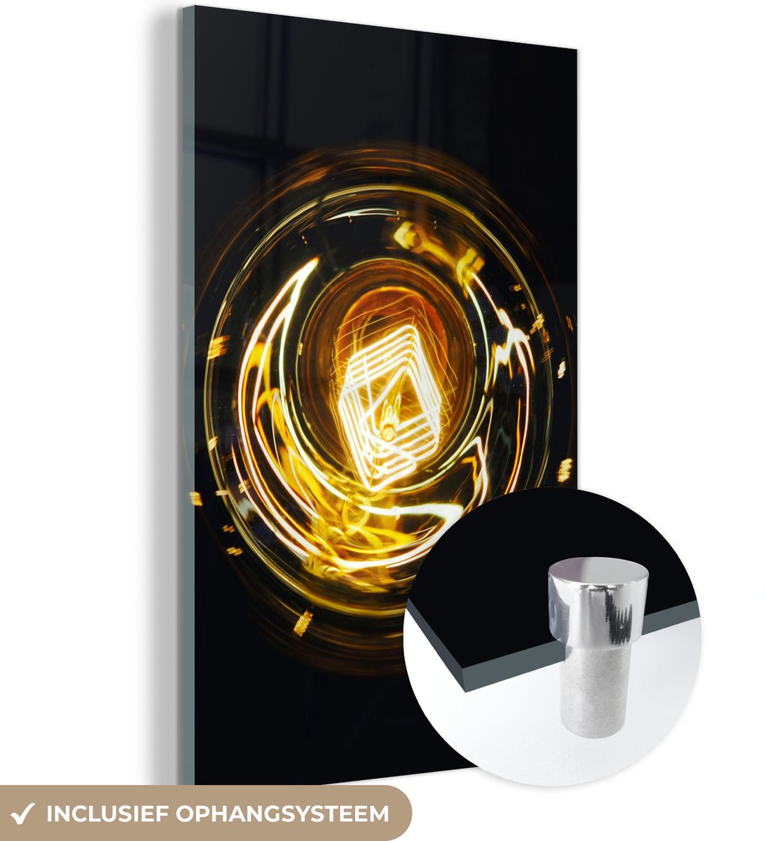 Glasschilderij zwart goud - Gloeilamp - Goud - Zwart - Luxe - 80x120 cm - Schilderij glas