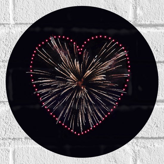 Muursticker Cirkel - Vuurwerkpijl in Hart van Rode Lampjes - 30x30 cm Foto op Muursticker