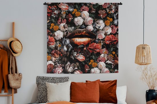 Wandkleed - Wanddoek - Lippen - Bloemen - Verf - Oranje - Kunst - Abstract - Oude meesters - 120x120 cm - Wandtapijt