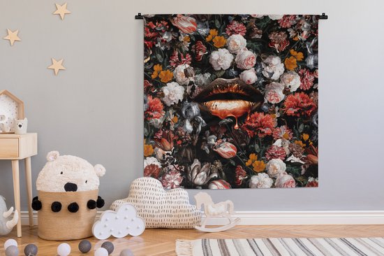 Wandkleed - Wanddoek - Lippen - Bloemen - Verf - Oranje - Kunst - Abstract - Oude meesters - 120x120 cm - Wandtapijt