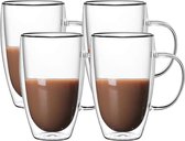 Dubbelwandige Glazen met Oor - 450 ml - Set van 4 - Koffieglazen - Theeglas - Cappuccino Glazen - Latte Macchiato Glazen - Glas