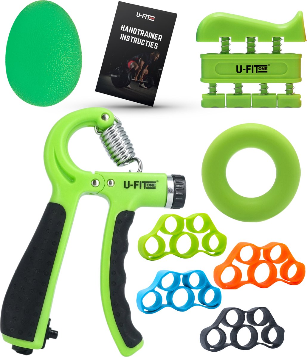 U Fit One 8 Delige Handtrainer Set - Verstelbare Teller Handgrip - Handknijper - Knijphalter - Stressbal - Vingertrainer - Onderarm Trainer - Groen
