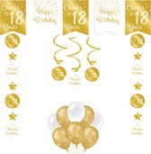 Feestpakket Verjaardag Versiering 18 Jaar - Goud - Wit - 14 Stuks - Versiering - Decoratie - Pakket - Leeftijden - Slinger - Ballonnen - Hangdecoratie - Swirls - Thema Versiering - 18e Verjaardag Decoratie - Gold Edition