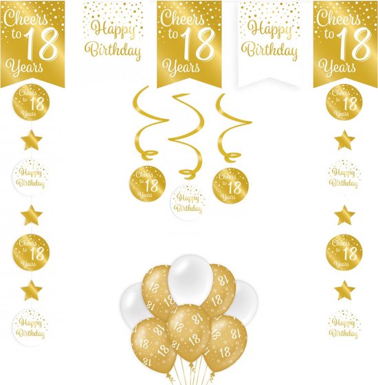 Feestpakket Verjaardag Versiering 18 Jaar - Goud - Wit - 14 Stuks - Versiering - Decoratie - Pakket - Leeftijden - Slinger - Ballonnen - Hangdecoratie - Swirls - Thema Versiering - 18e Verjaardag Decoratie - Gold Edition