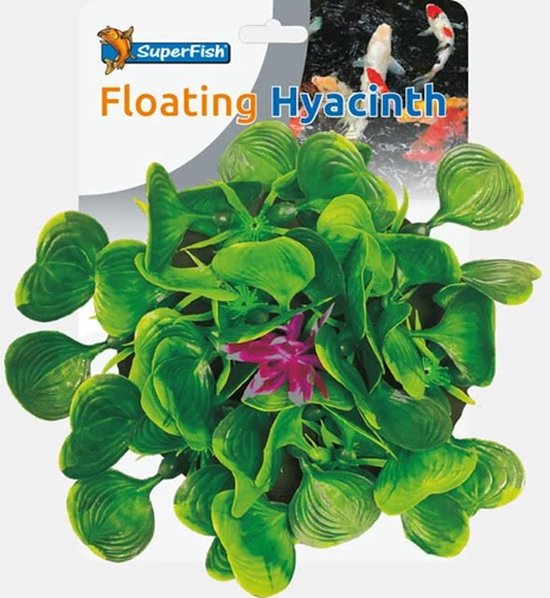 Drijvende waterhyacint met groene bladeren en een roze bloem. SuperFish logo.