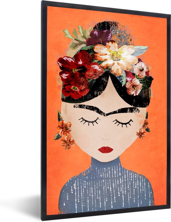 Fotolijst incl. Poster - Portret - Frida Kahlo - Oranje - Vrouw - Bloemen - 40x60 cm - Posterlijst