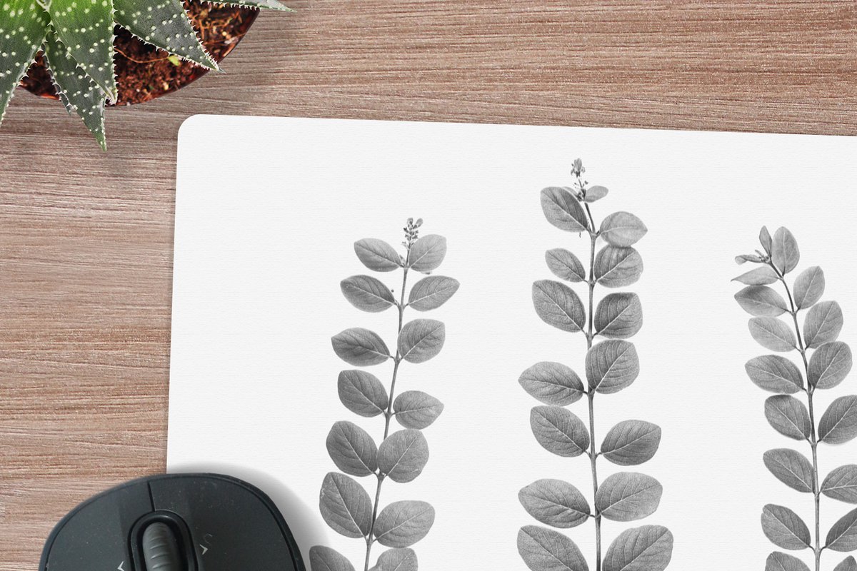 Muismat XXL 50x50 cm - Bureau onderlegger - Bureau mat Planten - Bladeren - Natuur - Wit - Bureaumat - Gaming mousepad xl - Bureaulegger groot - Computer deskmat